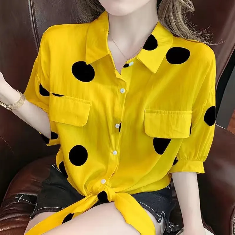 

Summer Fashion Lapel Loose blusas Bandage Bow Polka Dot Shirt Women's Clothing Oversized Casual Tops Half Sleeve Korean Blouse