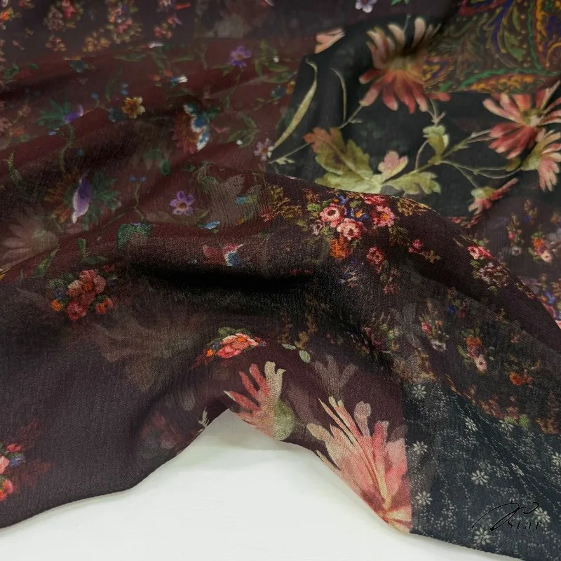 1Meter 100% Mulberry Silk Brown Printed Silk Micro-Permeable Summer Fabric Wholesale