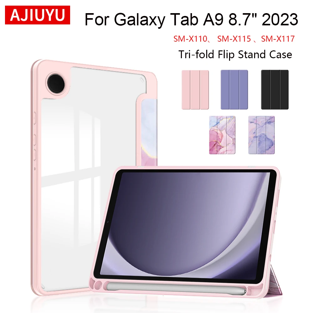 

Чехол для Samsung Galaxy Tab A9 8,7 дюйма, тройной кожаный акриловый прозрачный жесткий чехол-подставка для Tab A9 8,7 дюйма, 2023, чехол с держателем для ручек