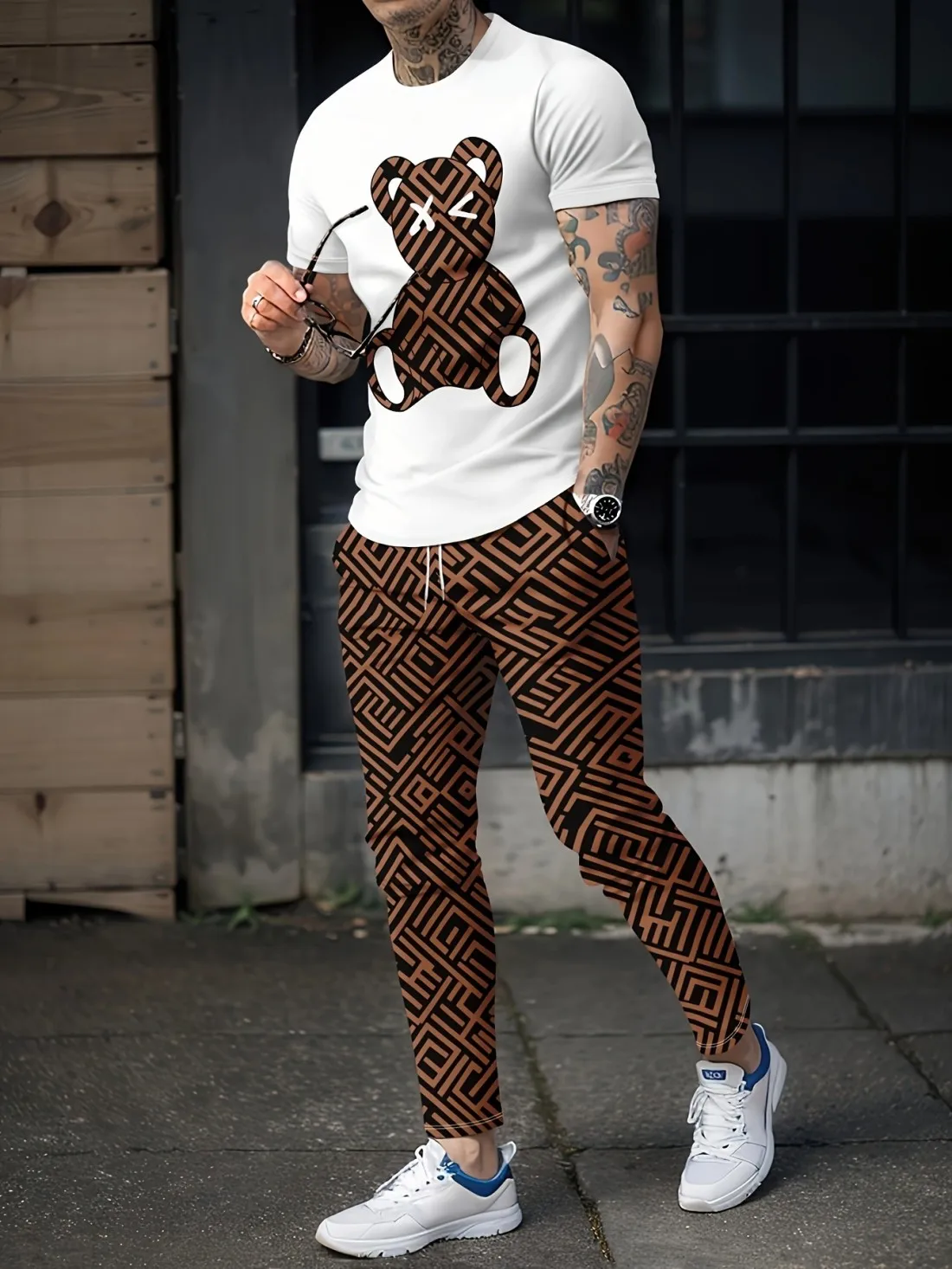 Summer new men's teddy bear print breathable and comfortable round neck T-shirt pants set outdoor casual fashion two-piece set