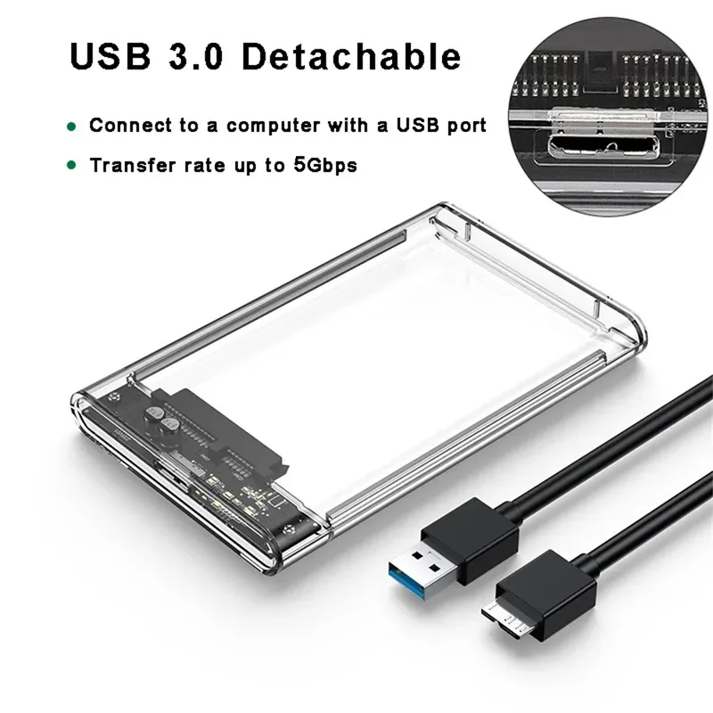 하드 디스크 박스 USB 3.0 2.5 인치 HDD SSD 쉘 SATA HDD 박스 인클로저 하드 드라이브 디스크 박스 케이블, 노트북용 2TB UASP 지원, 5 Gbps