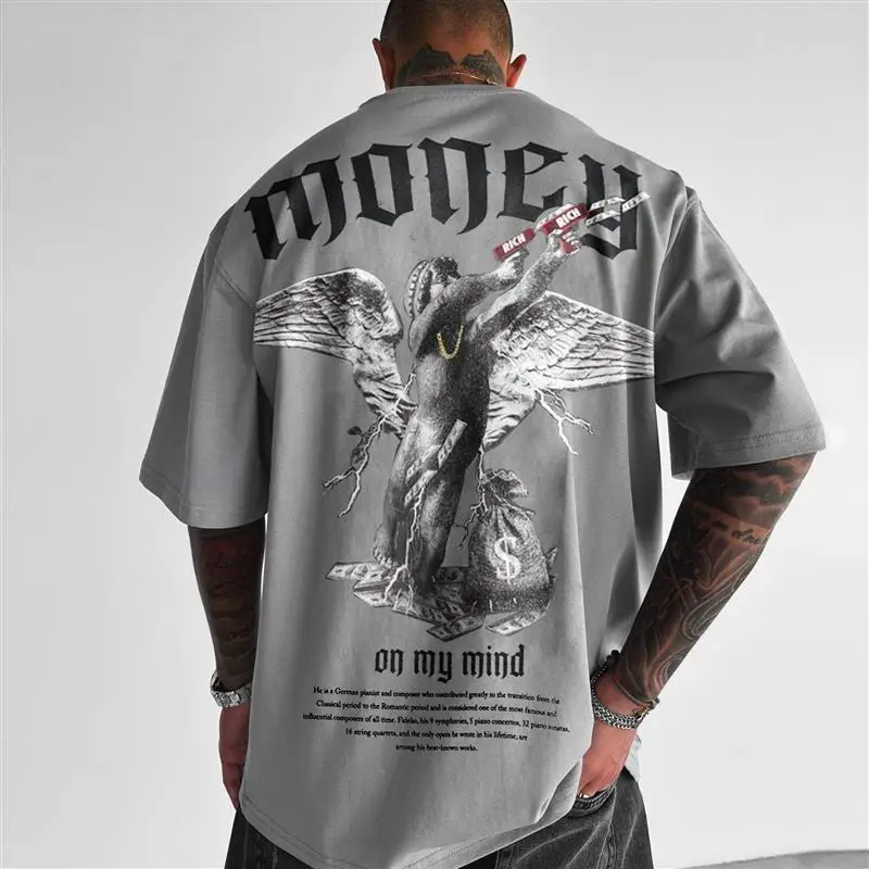 Large Men T-shirt Fashion Cotton Crewneck Men\'s Loose Money Angel Print Short-sleeved Crewneck Tee Women Couple Streetwear