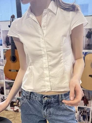 Back Lace-up White Blouse T-Shirt Woman Summer Peter pan Collar Short Sleeve Slim Tee Shirt Casual Cute Cotton Sweet Crop Tops