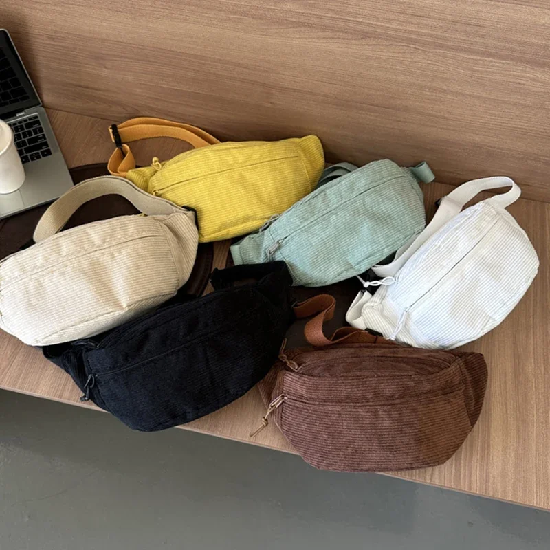 New Corduroy Women Waist Bag Canvas Student Shoulder Crossbody Chest Bag Pack Phone Banana Female Bum Sports Belt Bags 2024