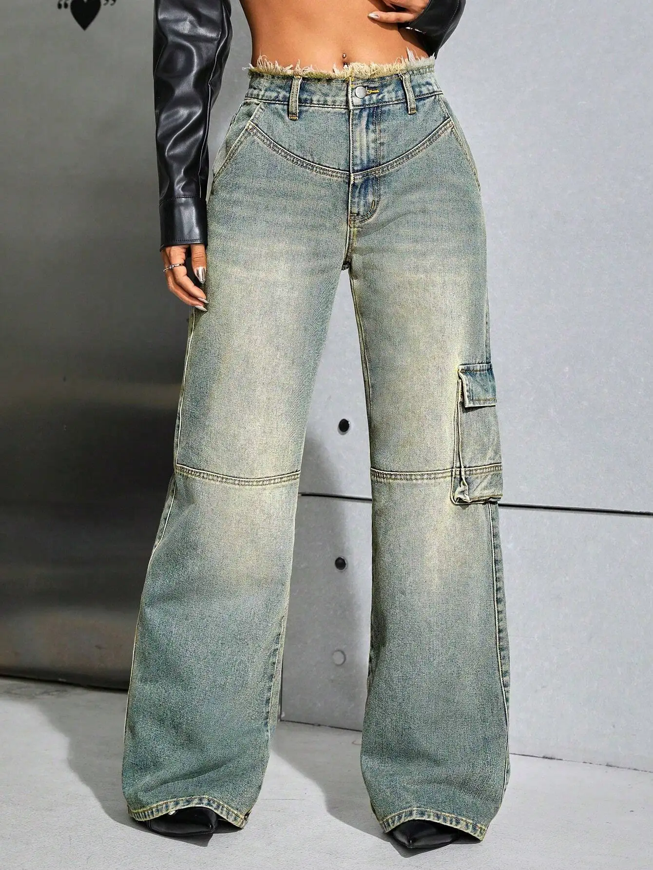 

Джинсы карго с высокой талией и широкими штанинами с накладными карманами для женщин, рваные джинсовые брюки