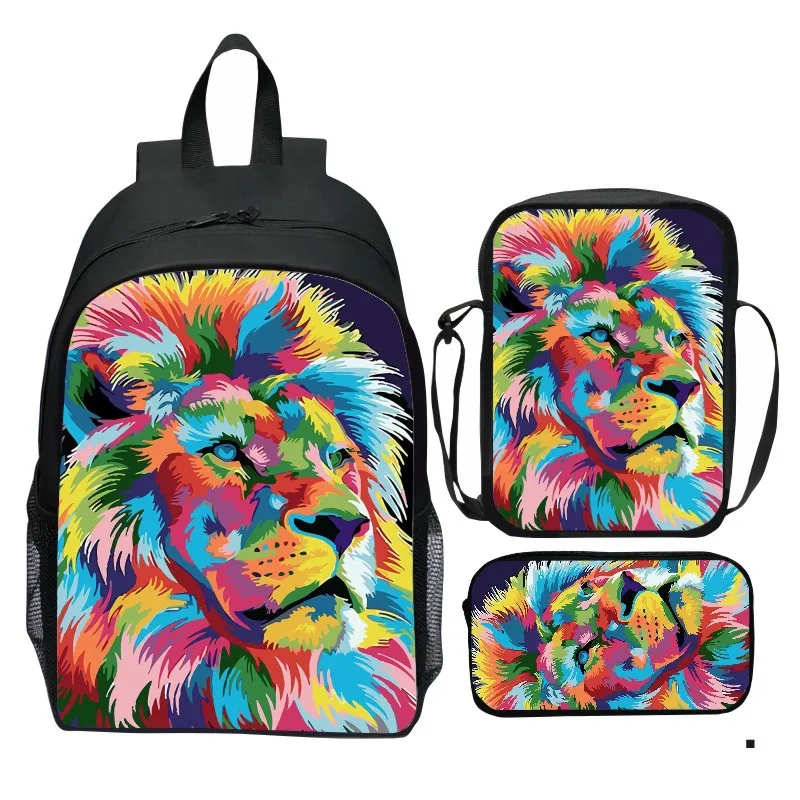 حقيبة ظهر مطبوعة على شكل سماء مرصعة بالنجوم من الكون مكونة من 3 قطع على شكل حيوان وولف أسد حقيبة كتف صغيرة حقيبة أقلام