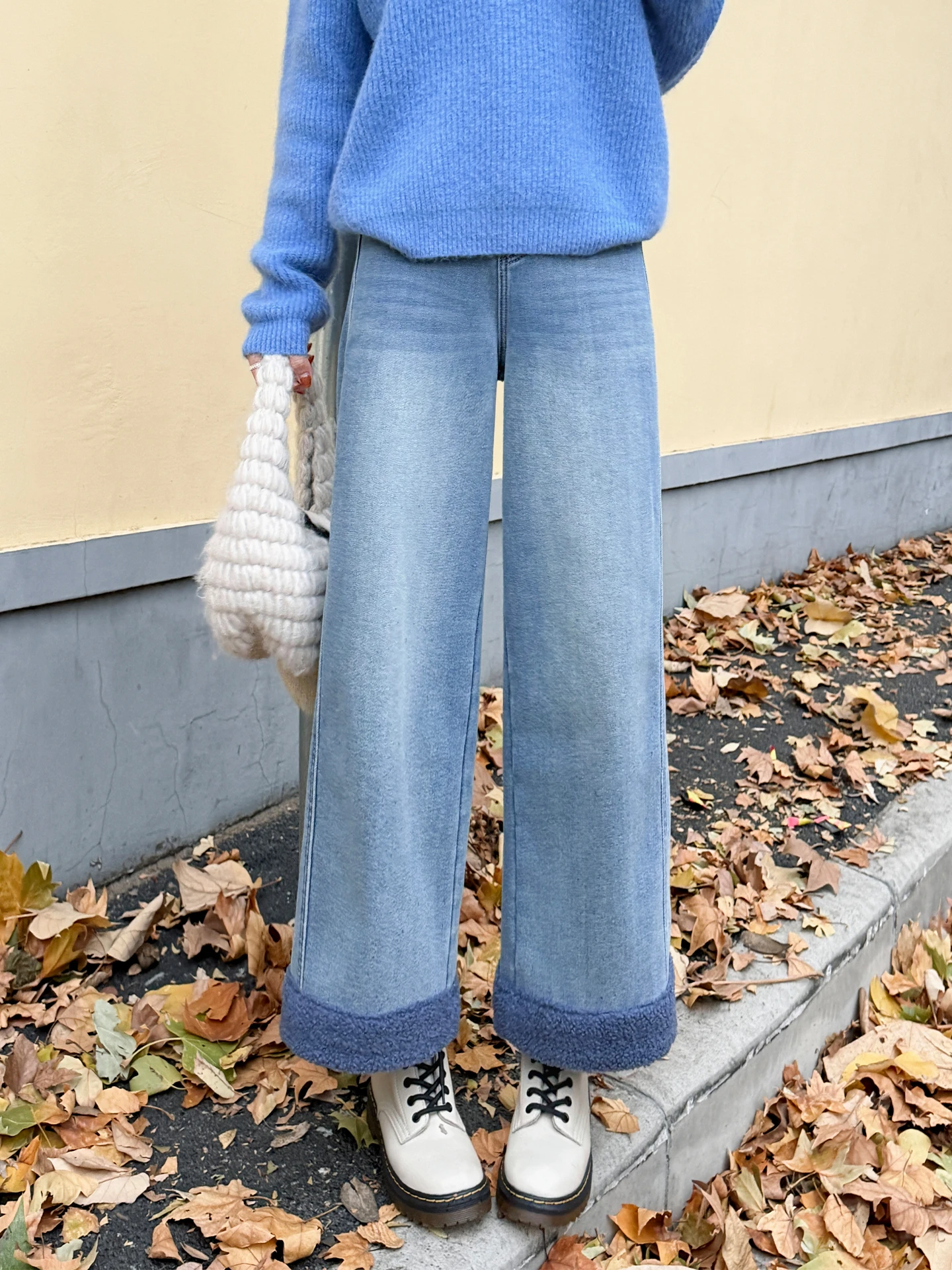 

Корейские джинсовые джинсы на подкладке, зимние лоскутные брюки с высокой талией, прямые свободные брюки с девятью точками для женщин, поездки на работу