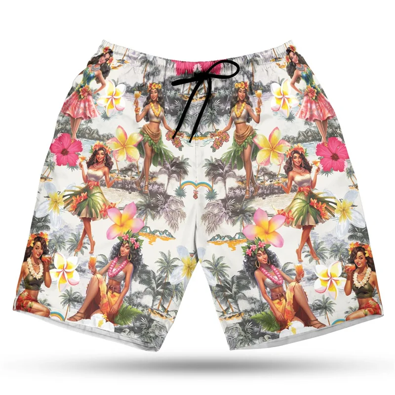 

Hawaiian Girl Pattern Beach Shorts For Men Women 3d Printing Tropical Board Shorts Kids Summer Vacation Loose Swimming Trunks