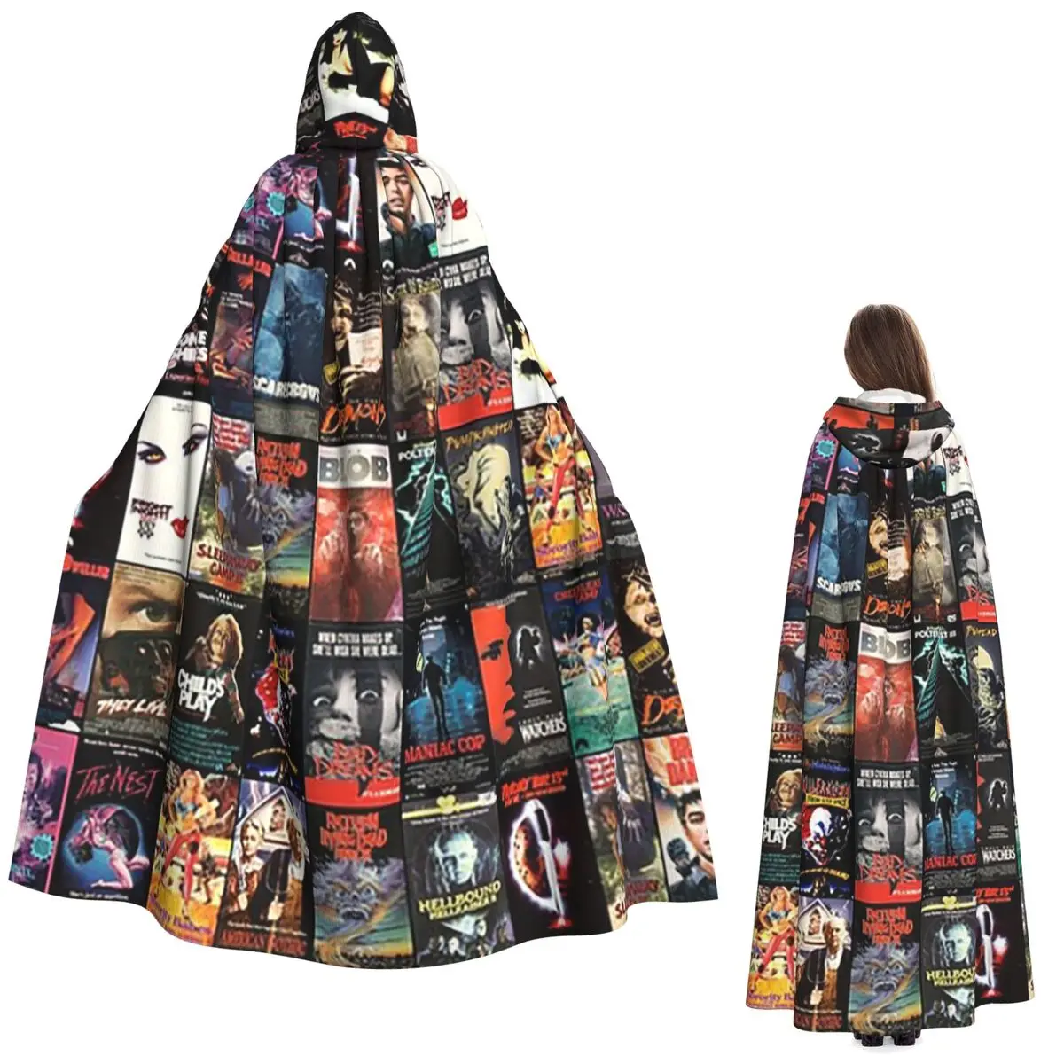 ARTÍCULO DE CINE DE TERROR RETRO EN VHS - Capa Larga con Capucha de Bruja Medieval de 1988, Disfraz de Cosplay, Capa de Halloween, Vampiro, Unisex para Adultos