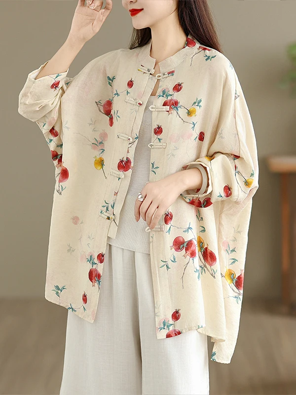 Chinese Style Cotton Linen Long Sleeve Printed Shirt Women's Mid-Length Outerwear Button-Up Cardigan Slim Fit Stand Collar Top 3