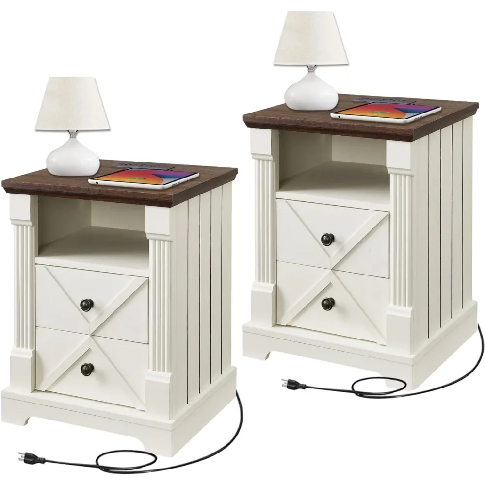 

Farmhouse White Night Stand Set of 2, 18" Nightstand with Charging Station, Wood Rustic End Table, Roman Column Design, Modern D