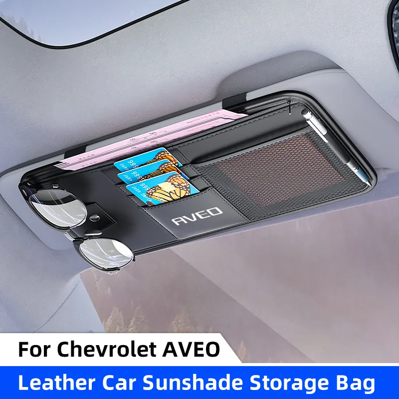 Leather Car Sun Visor Organizer Storage Bag for Chevrolet Aveo T200 T250 T300 Sunglasses Case Card Holder Zipper Storage Pocktet