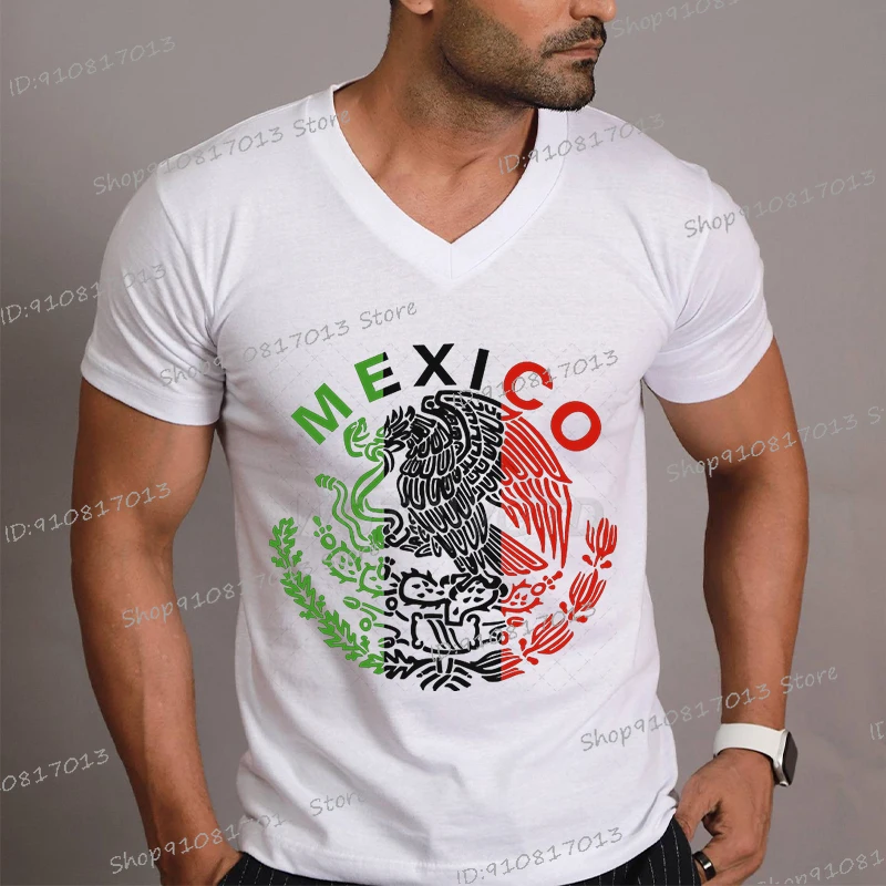 

Vintage Men's T-shirts Mexican Eagle Funny Print Short Sleeve Tops Fashion Mexico Flag T Shirt for Male V Neck Casual Streetwear