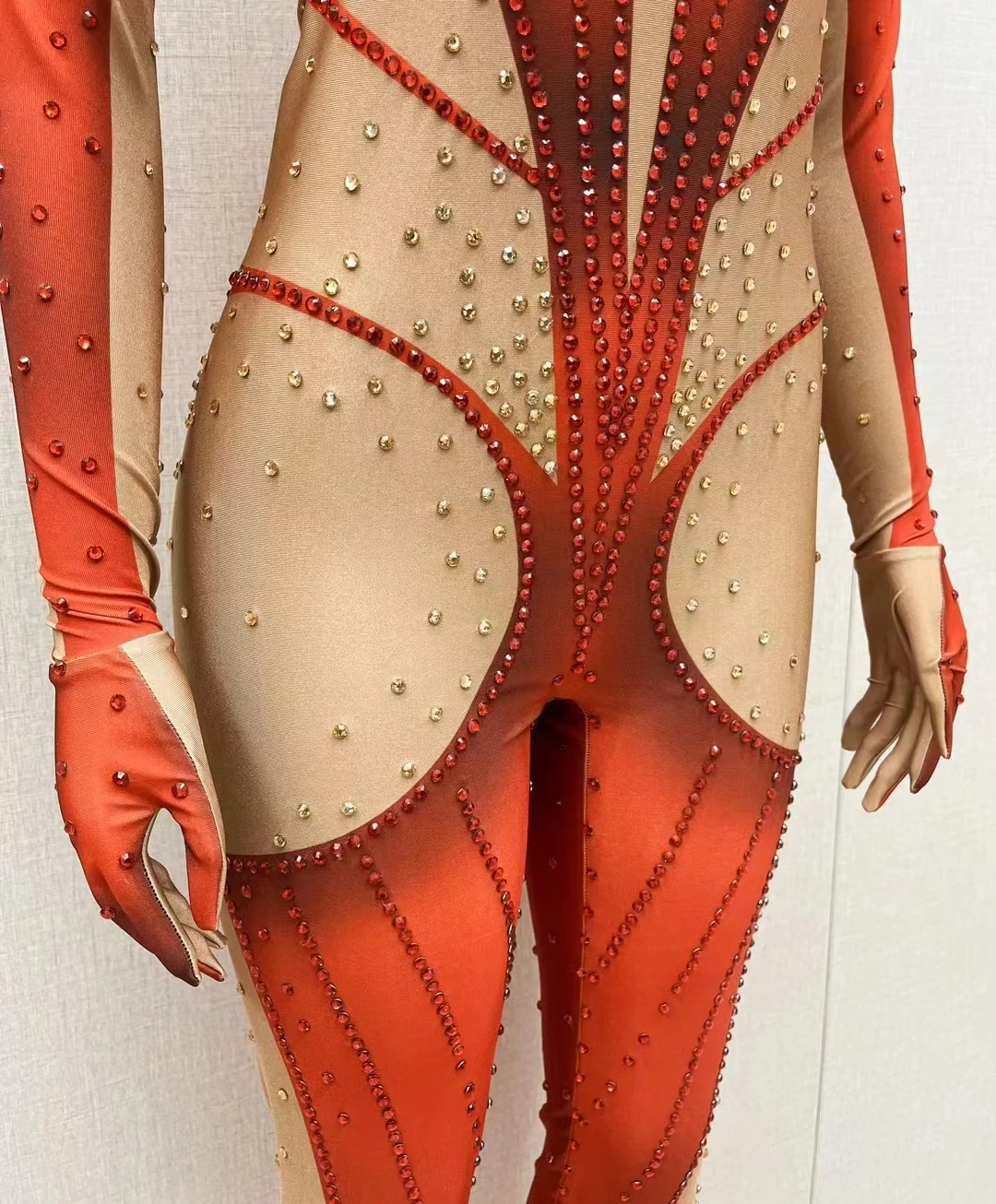 나이트 클럽 바 고고 여성 댄서 가수 무대 착용 레드 크리스탈 점프 슈트 코스프레 의상 파티 쇼 레오타드 축제 레이브 복장