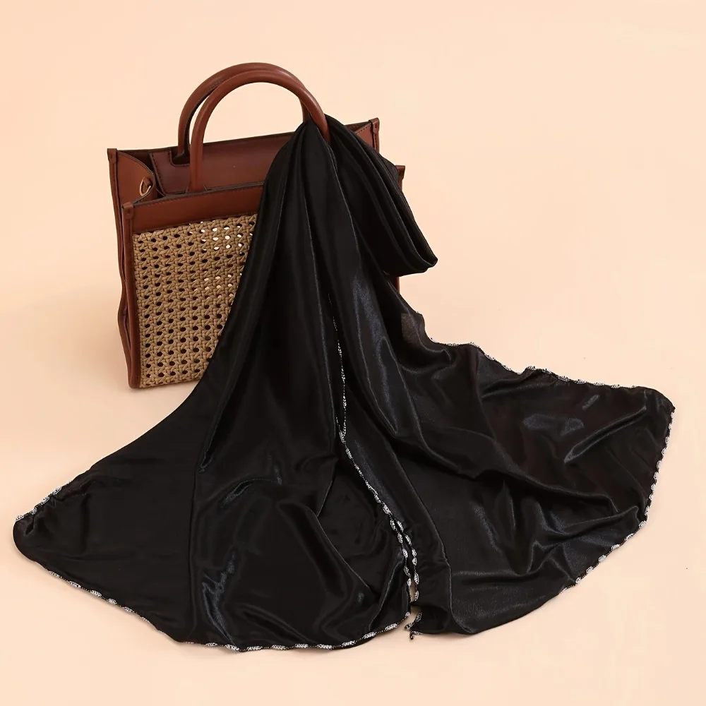 

Fashionable New Black Wave Edge Solid Color Elastic Scarf for Women Shawl