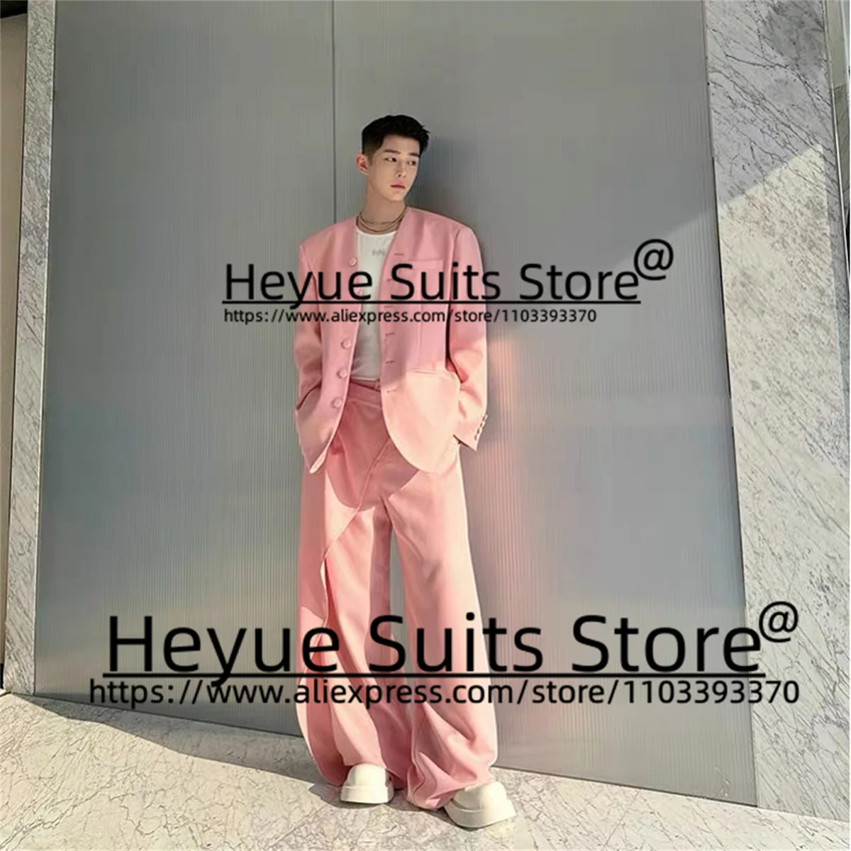 Pink Pink setelan pria mewah kostum dibuat longgar pengantin pria Prom Set 2 potong kasual pria blazer kostum Homme