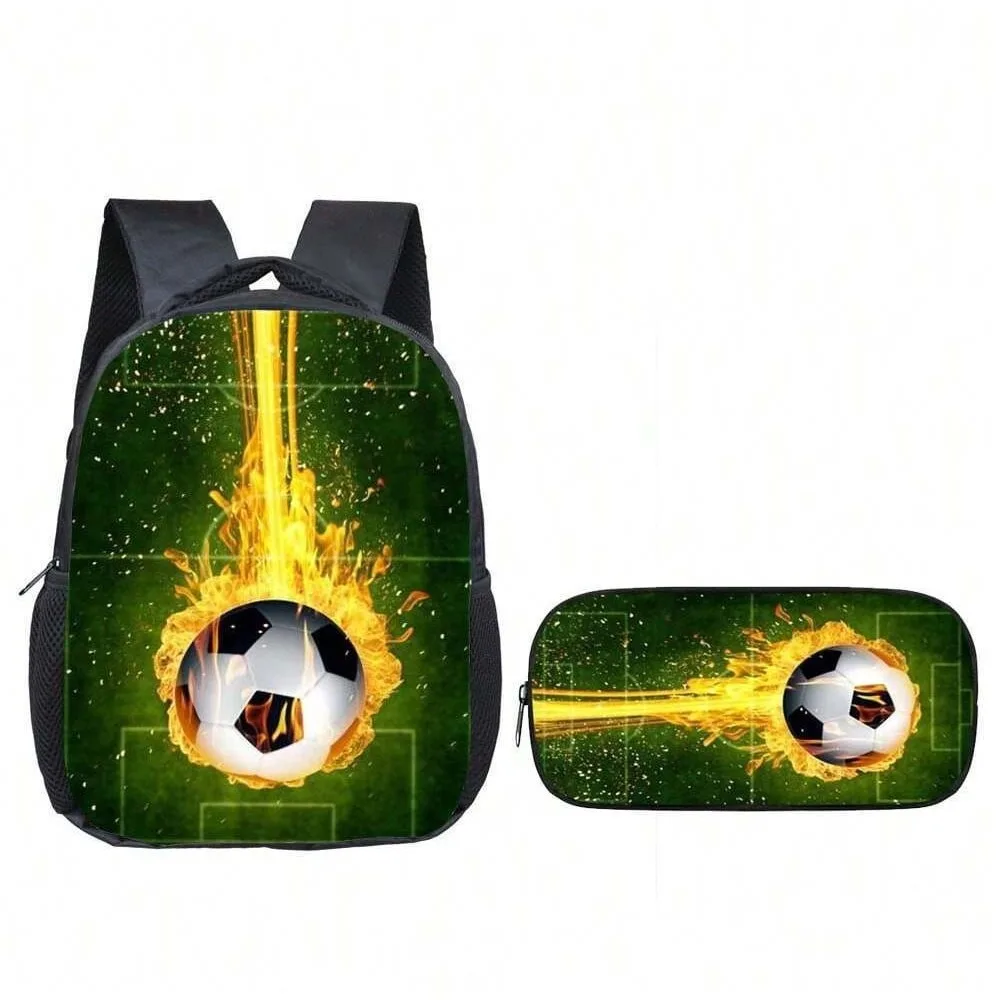 Football kindergarten backpack polyester lightweight elementary school backpack pencil case two-piece set