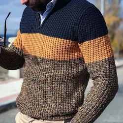 Pullovers Men Knitted Tops Zipper Turn Down Collar Full Sleeve Slim Fit Polo Sweaters Casual Regular Knit Splice Autumn Winter