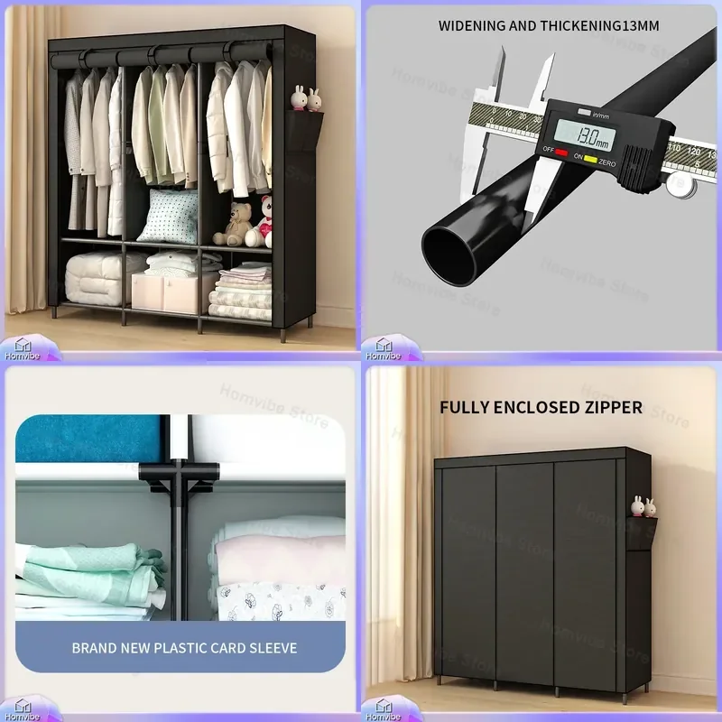 Simple Wardrobe Closet Portable Fabric Clothes Storage Organizer with Full Steel Frame Easy Assembly Dustproof Bedroom