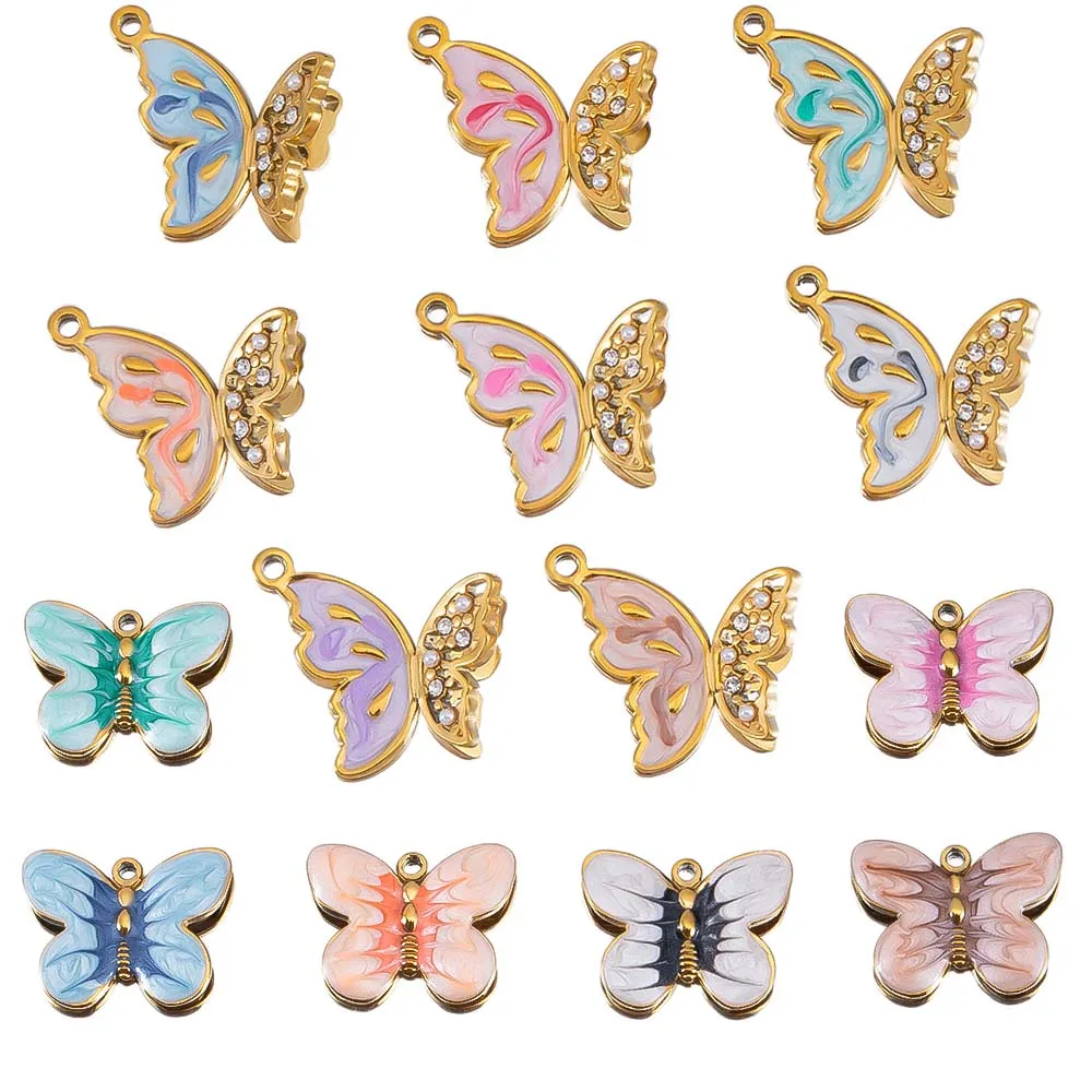 

2pcs Stainless Steel Enamel Cute Gold Color Butterflies Charm Zircon Wing Earrings Pendant Necklaces DIY Jewelry Making Supplies