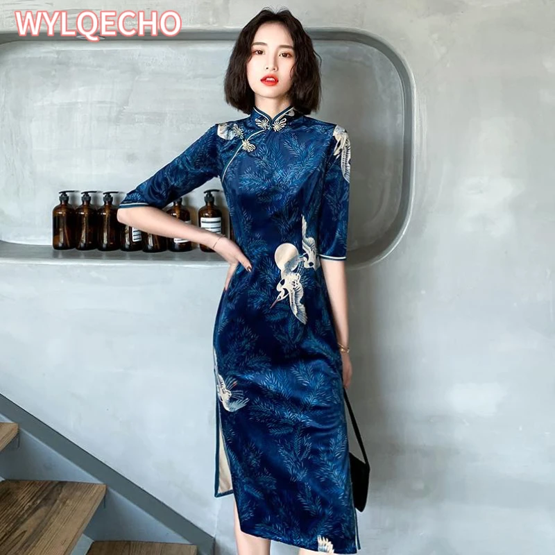 

Cheongsam Modern Long Sleeve Qipao Dress Chinese Traditional Red Blue Dress for Women Velvet Long Sexy Dress Chinese Dress