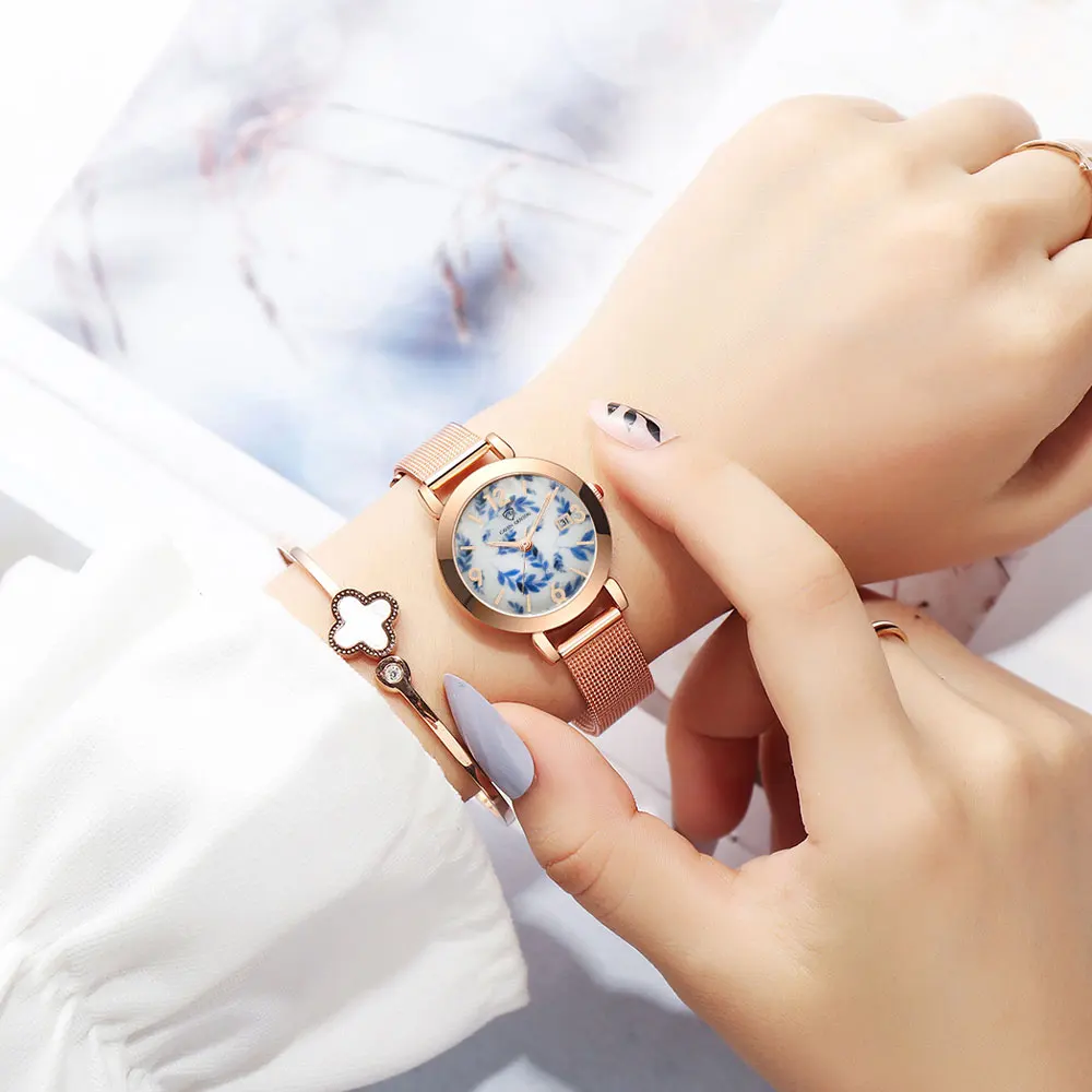 CAVEN DENTON Fashion Women's Vintage Chinese Blue and White Porcelain Mesh Band Stylish Quartz Watch reloj para mujer