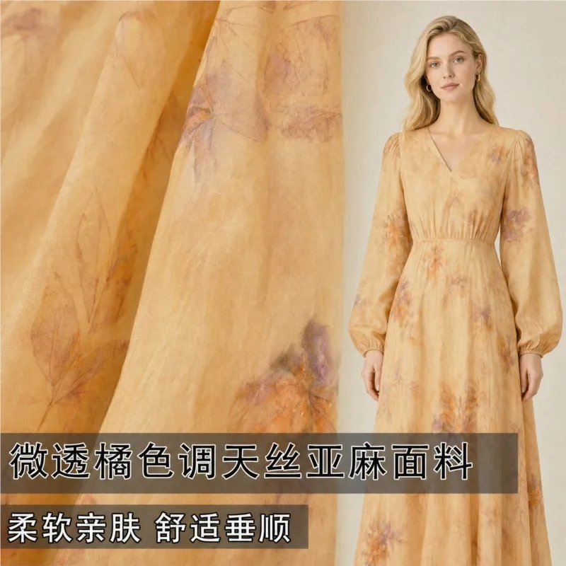 Soft skin-friendly slightly translucent orange-toned linen printed fabric for dress cheongsam and shirt clothing
