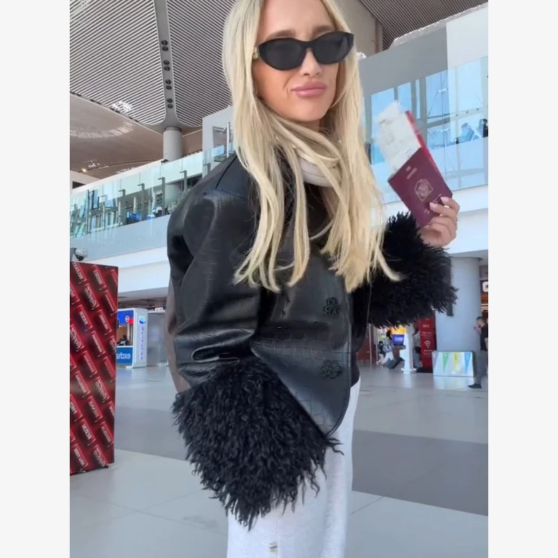 Lady Black Lapel Faux Leather Jackets Slim Patchwork Furry Jackets Fluffy Single Breasted Collar Plush Coats Stylish Casual