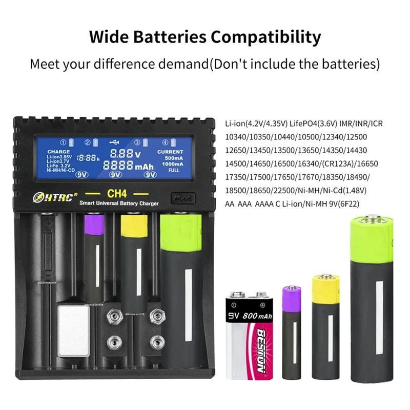 HTRC 4 Slots Battery Charger, CH4 Battery Charger 18650 Li-Ion Li-Fe Ni-MH Ni-CD Charger For AA/AAA/16340/26650/9V Battery