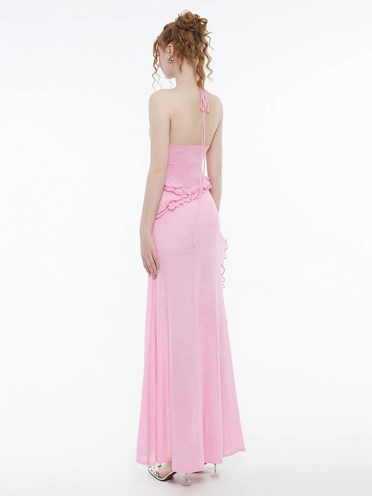 Weird Puss Lace-Up Halter Dress Women Sexy Lace Patchwork Tassel See Through Backless Side Slit Midnight Clubwear Party Vestidos