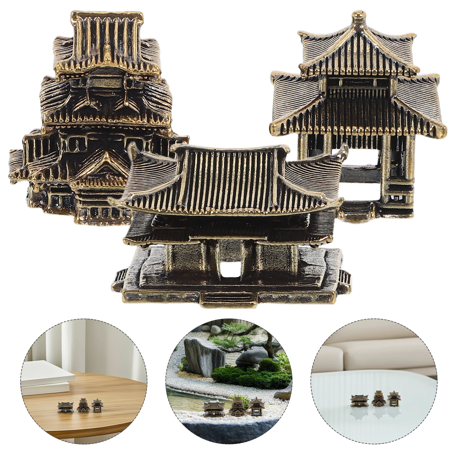 

3pcs Mini Brass Pagoda Lantern Zen Garden Ornament Japanese Style Fish Tank Decoration Small Sculpture Aquarium Micro Landscape