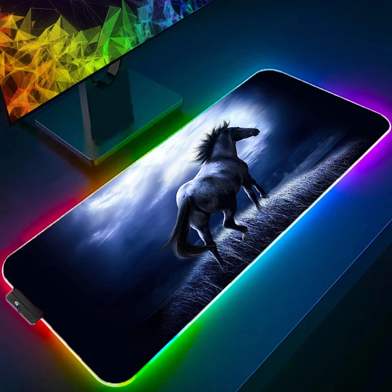 LED Mouse Pad Gamer Besar XXL Tablet Varmilo Keyboard Karpet Aksesoris Gaming Kuda Lari RGB Mousepad Hadiah Ulang Tahun