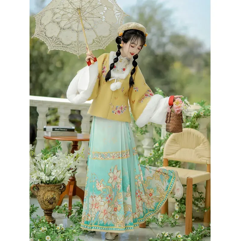 

Зимняя куртка Hanfu, комплект с юбкой для женщин и девочек, повседневная одежда династии Мин, китайская женская одежда, современная традиционная одежда в Китае Hanfu