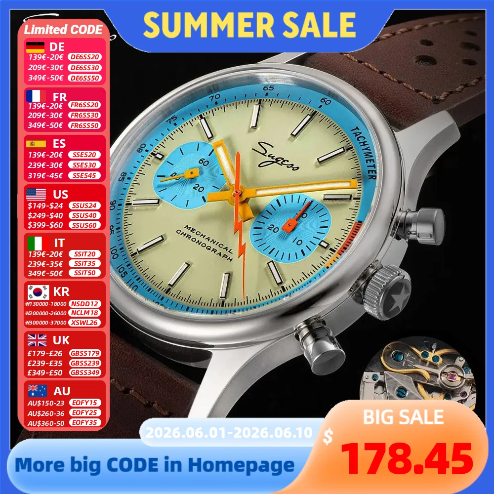 Sugess 1963 Pilot Watch Mens Chronograph Mechanical Wristwatches