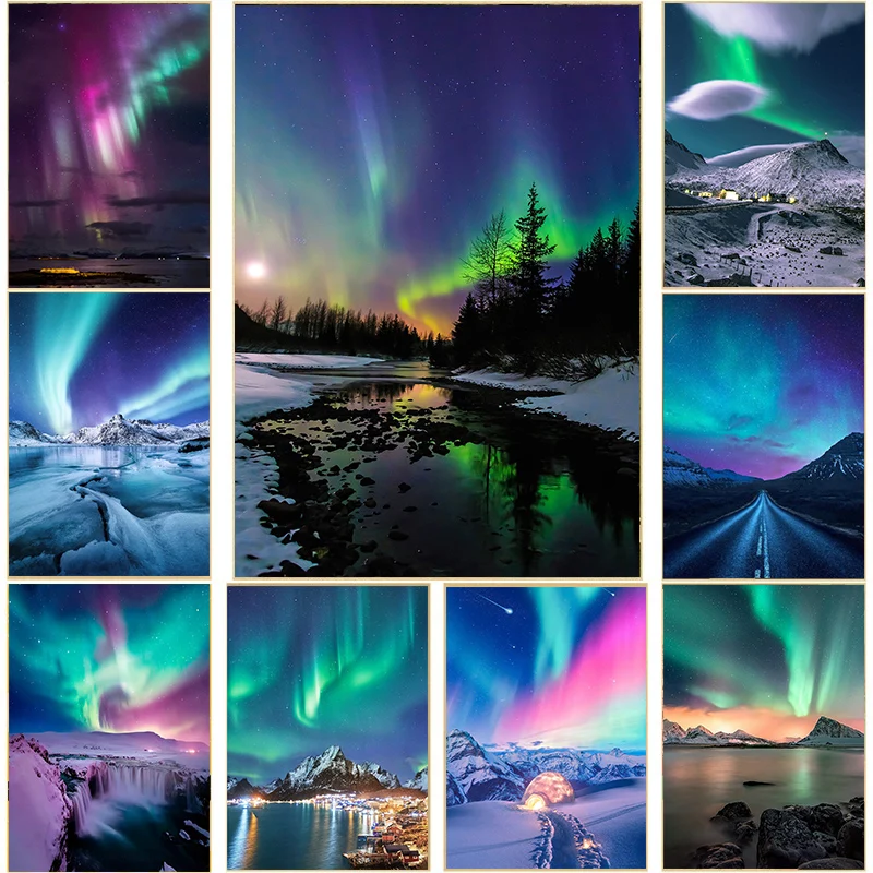 Natural Landscape Polar Lights Poster Aurora Borealis Scenery Home Decor Wall Art Personality Decorative Picture Painting