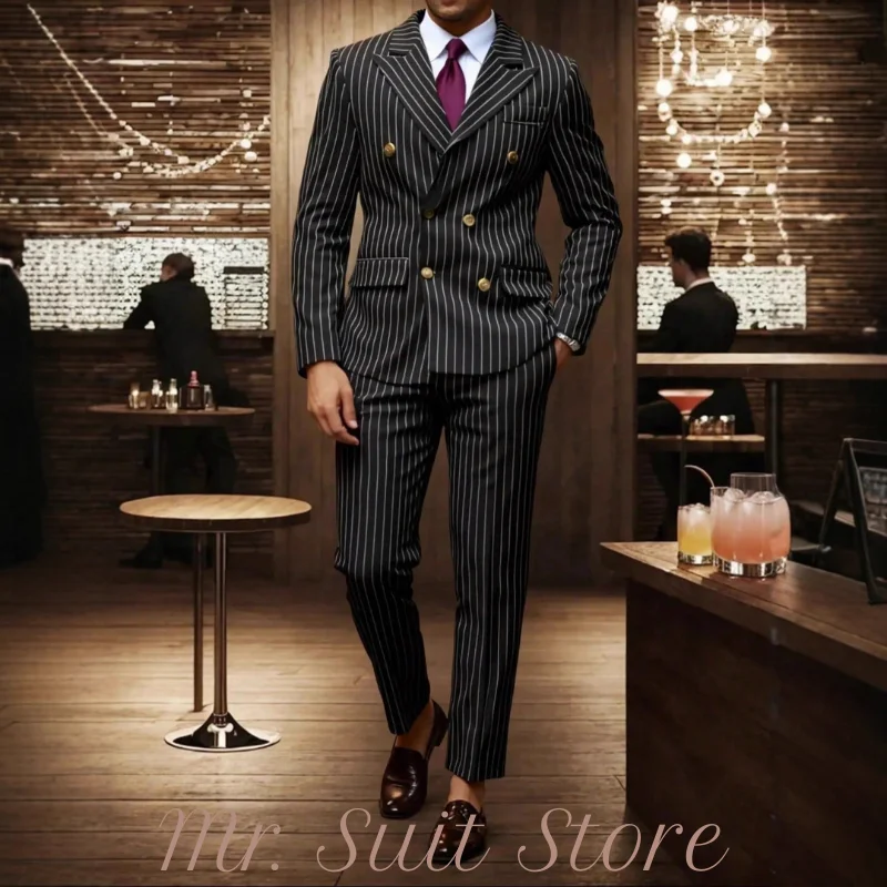 

2025 мужской костюм в черную полоску, комплект из 2 предметов, двубортный костюм, брюки, деловой банкет, свадьба, курение, мужская одежда для бала