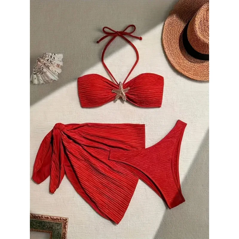 Metall Seestern Bandeau Bikini Set Damen Bademode Split Bikini Push Up Bandage Rock Cover Up 2025 Neue Urlaub Beachwear 3-teilig