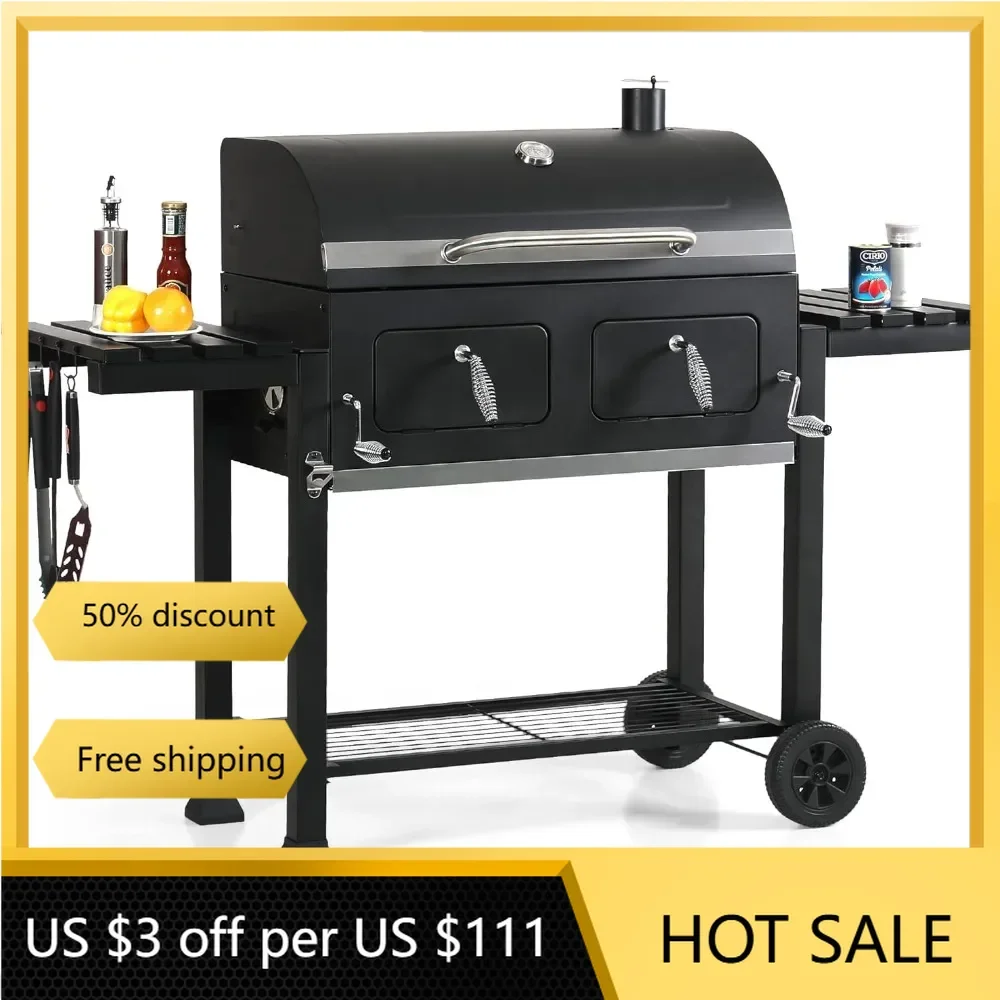 

Extra Large Charcoal BBQ Grill m Outdoor Cooking Grill with 2 Individual Lifting Charcoal Trays and 2 Foldable Side Tables