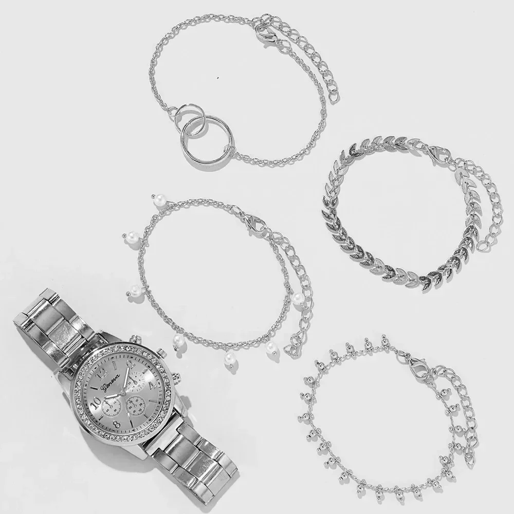 5pcs Quartz Watch Set Women Fashion Silver Round 3 Eyes Alloy Strap Watch Gift Rhinestone Watch Women Jewelry Set