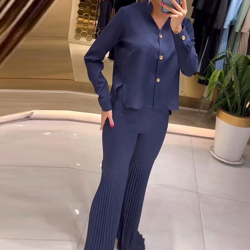 

Autumn Casual Commute 2PC Set Elegant V Neck Shirt Pleated Pants Sets Fashion Irregular Long Sleeve Tops+Flared Long Pants Suit