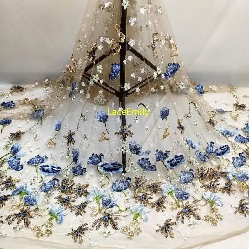 

4 colors Blue flower lace fabric flower embroidery soft tulle fabric for wedding lace bridal lace dress fabric 1 yards