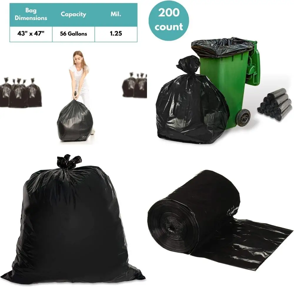 

Черные мешки для мусора объемом 56 галлонов, 200 штук, толщина 1,25 мил, идеально подходят для коммерческого использования, кухонь, складов, офисов и