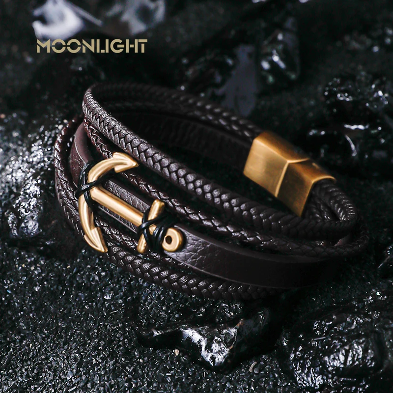 Fashion Stainless Steel Golden Ship\'s Anchor Bracelet Charm Men Leather Bracelet Braided Punk Rock Bangles Jewelry Accessories