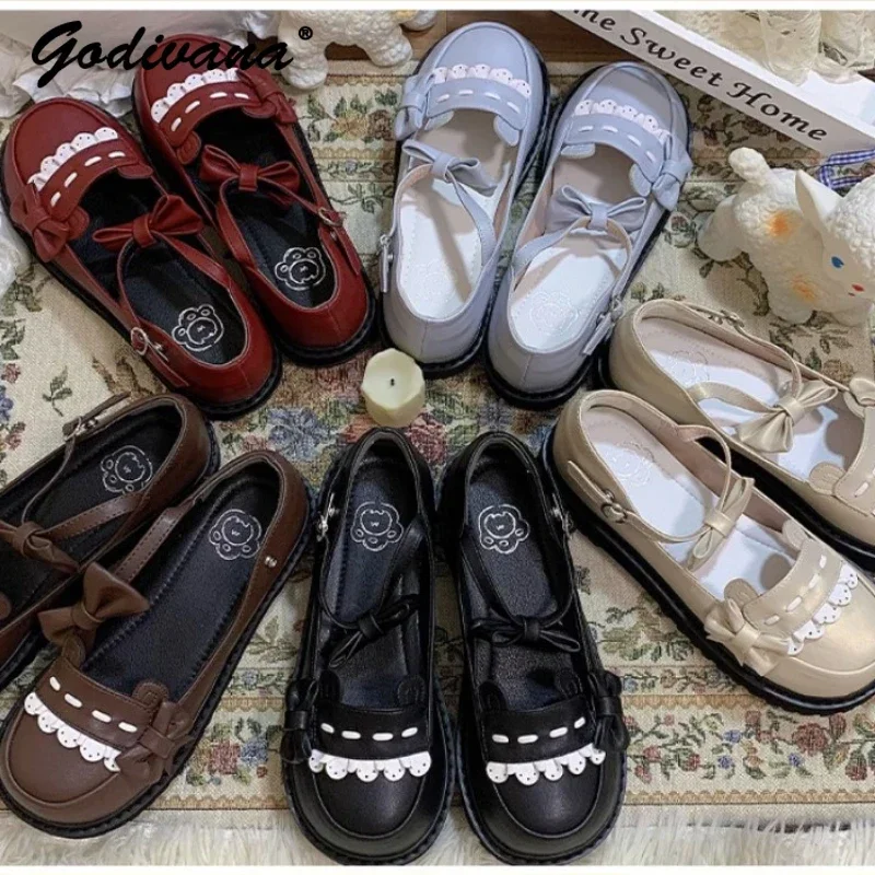 

Lolita Round Head Basic Shoes Buckle Bow Women Girls Cute Flat Shoes Pumps Soft JK Leather Shoes