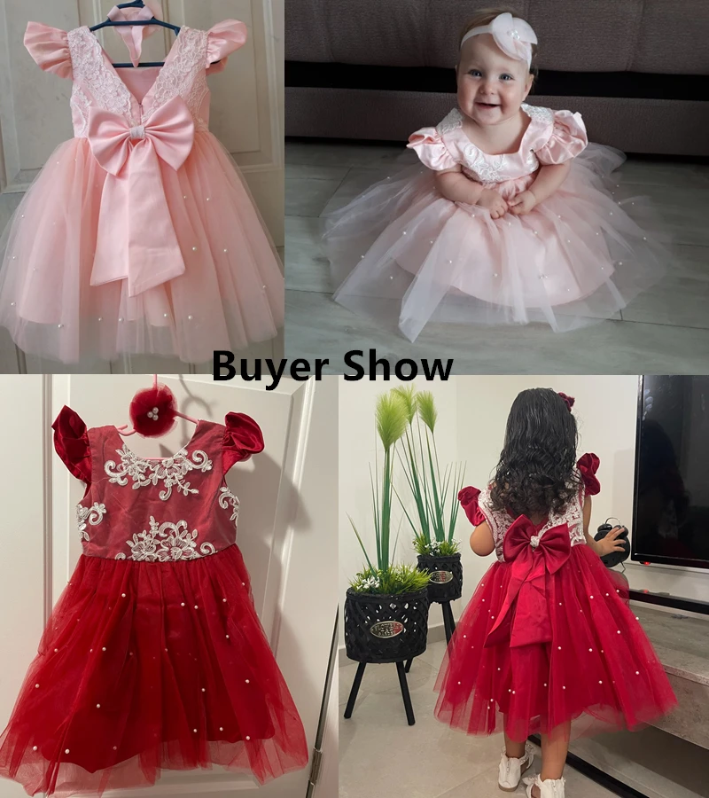 Baby Girls Dress for Wedding Party 1st Birthday Pink Princess Dress Kid Bridesmaids 1-5Y Cute Infant Girls Vestidos Elegant Gown