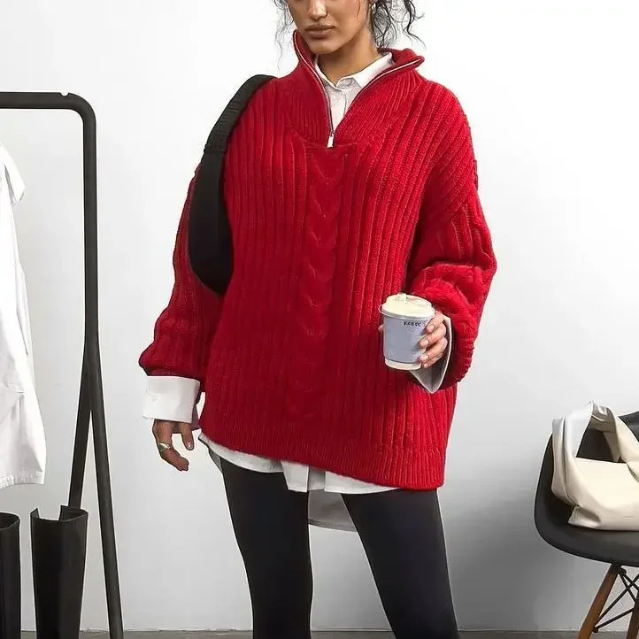 Suéter rojo con cremallera para mujer, jersey de cuello alto de Jacquard para otoño e invierno, Jersey elástico de punto, jerséis informales gruesos sueltos y cálidos Y2k