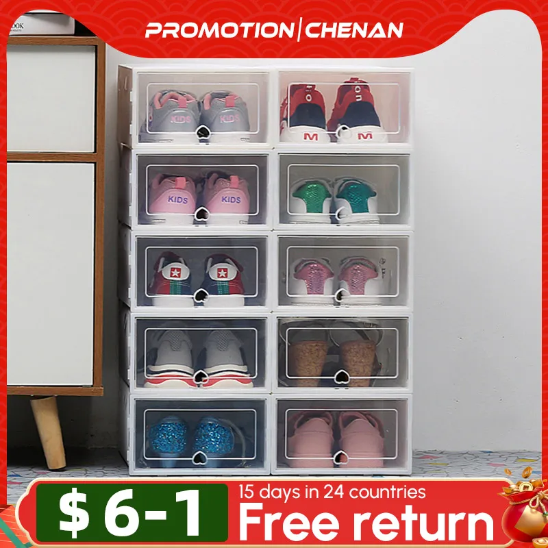 6Packs Transparent Shoe Box Shoes Organizers Plastic Thickened Foldable Dustproof Storage Box Stackable Combined Shoe Cabinet