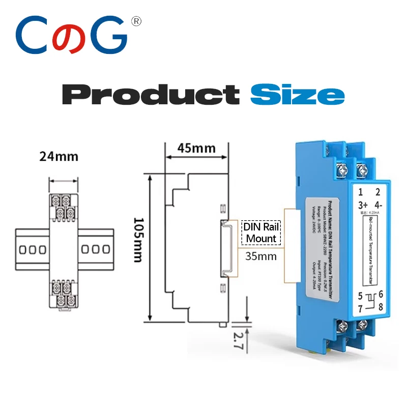 CG 35mm Szyna DIN PT100 Moduł integracji przetwornika temperatury -200-650 ℃   Przetwornik temperatury RTD wyjściowy 4-20mA/0-5V/0-10V