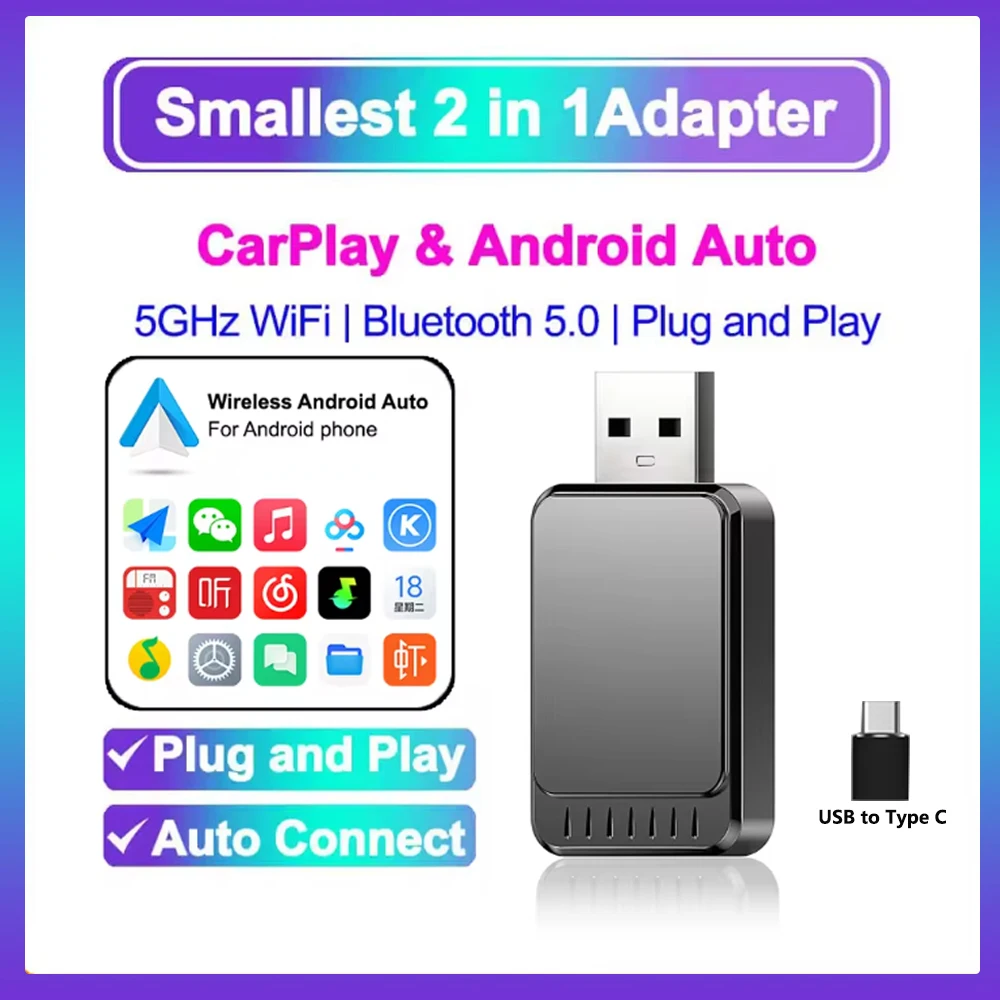 Buthooth 5.0 New Wireless CarPlay Android Auto Adapter Mini Box Plug And Play 5GHz WiFi Fast Connect 2 in 1 Wireless Adapter