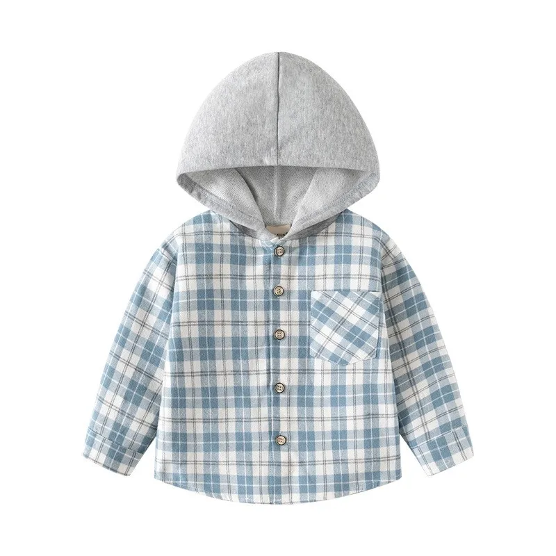 2024 camicia a maniche lunghe da bambino nuova camicia a quadri con cappuccio per neonati